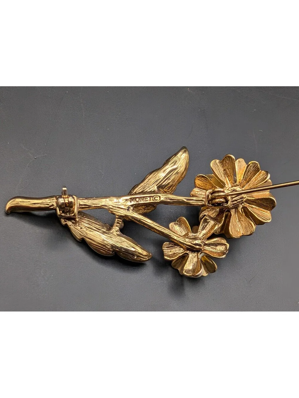 Vintage Monet Cream Enamel Flower Brooch Pin Gold Tone Rhinestone Floral Stem